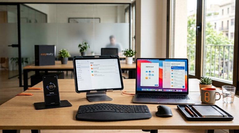 Easy Realty email account configured across a phone, tablet, and computer.
