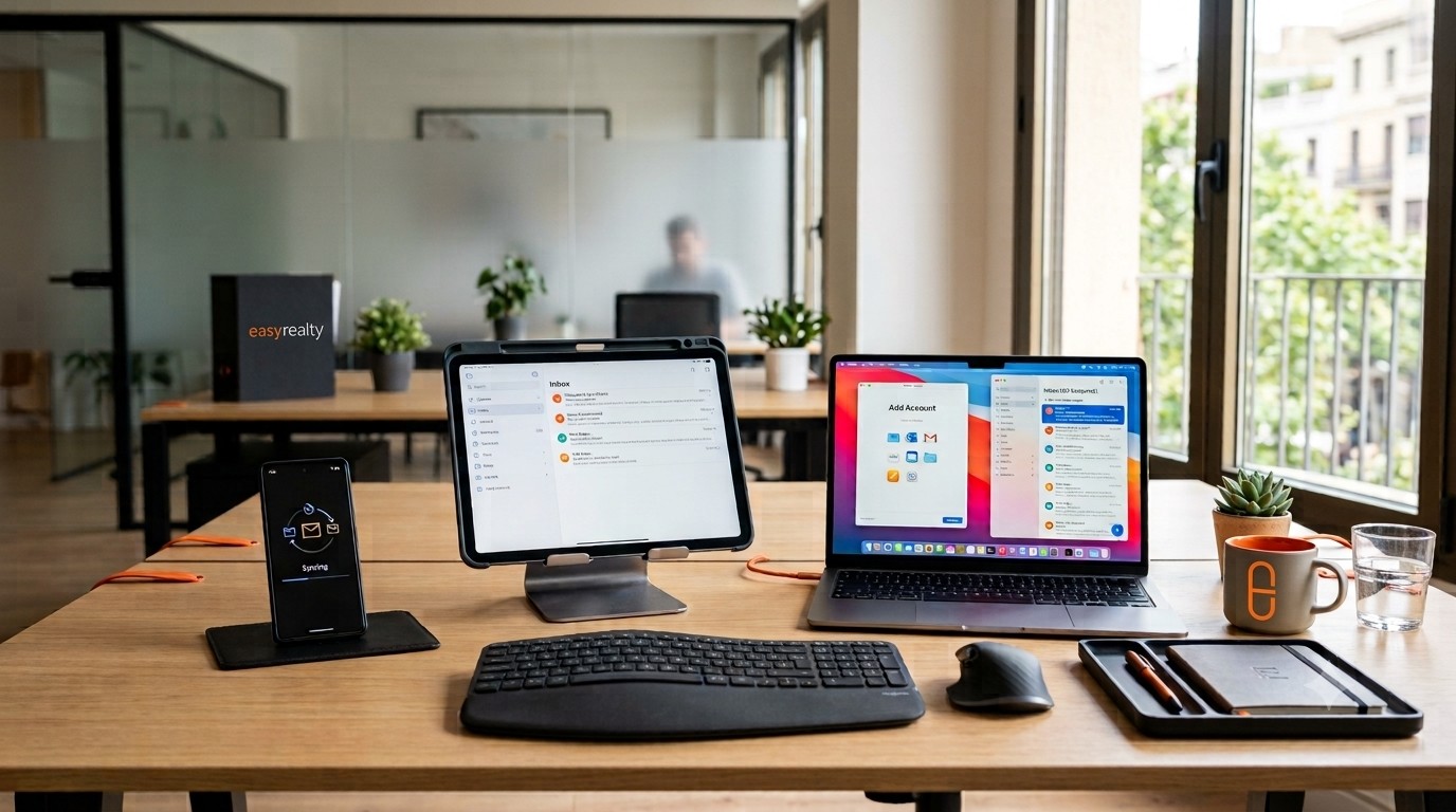 Easy Realty email account configured across a phone, tablet, and computer.