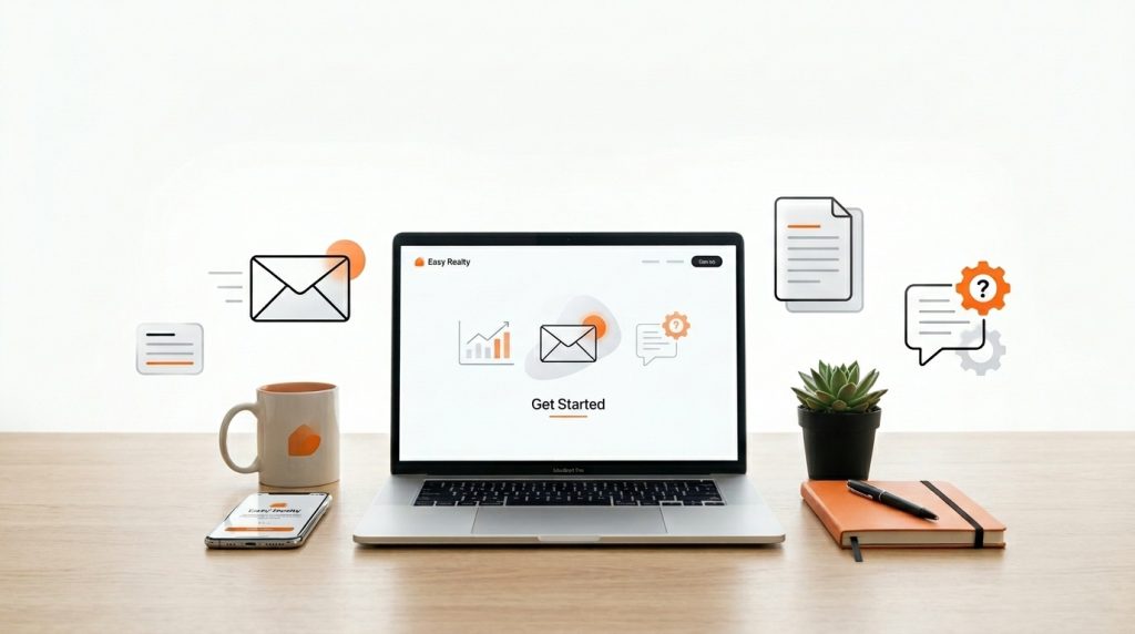 Easy Realty Quick Start Guide for agents covering EasyMail, Slack, Agent Hub, brokerage resources, transaction reporting, and EasyBot.