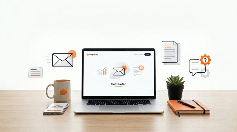Easy Realty Quick Start Guide for agents covering EasyMail, Slack, Agent Hub, brokerage resources, transaction reporting, and EasyBot.